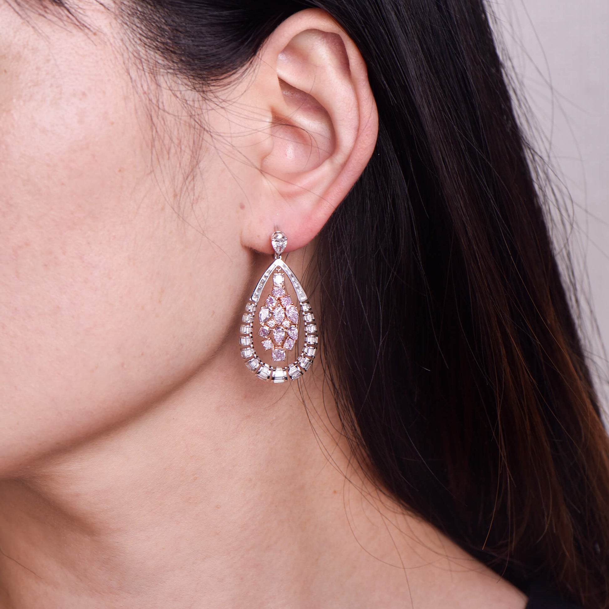 Natural Fancy Light Pink Diamond Drop Earrings, 18K White & Rose Gold, 5.49 Ct. TW