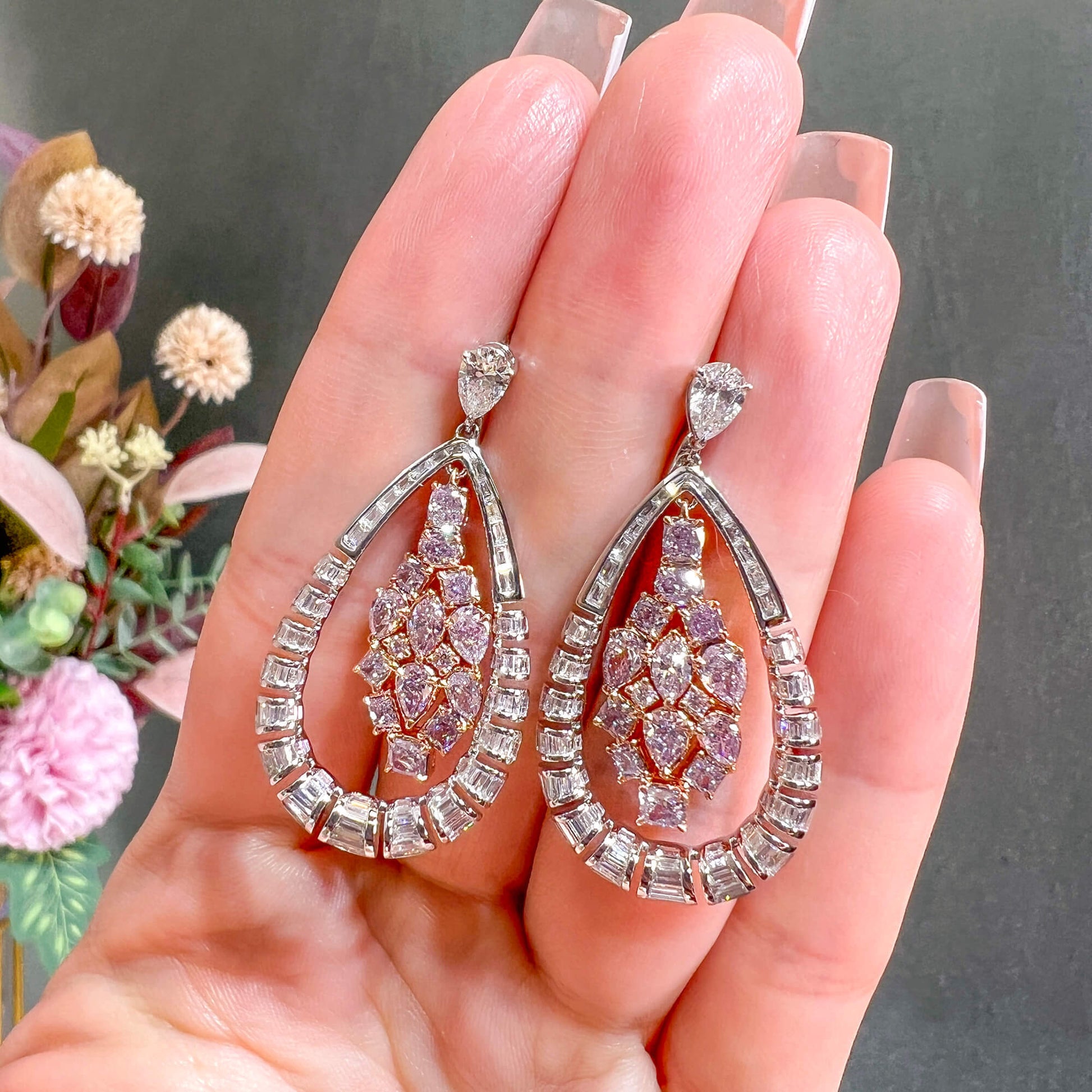 Natural Fancy Light Pink Diamond Drop Earrings, 18K White & Rose Gold, 5.49 Ct. TW