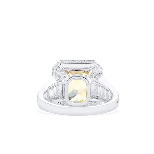 Natural Fancy Light Yellow Diamond Halo Ring, 18K White Gold, Radiant Shape, 6.47 Ct. TW