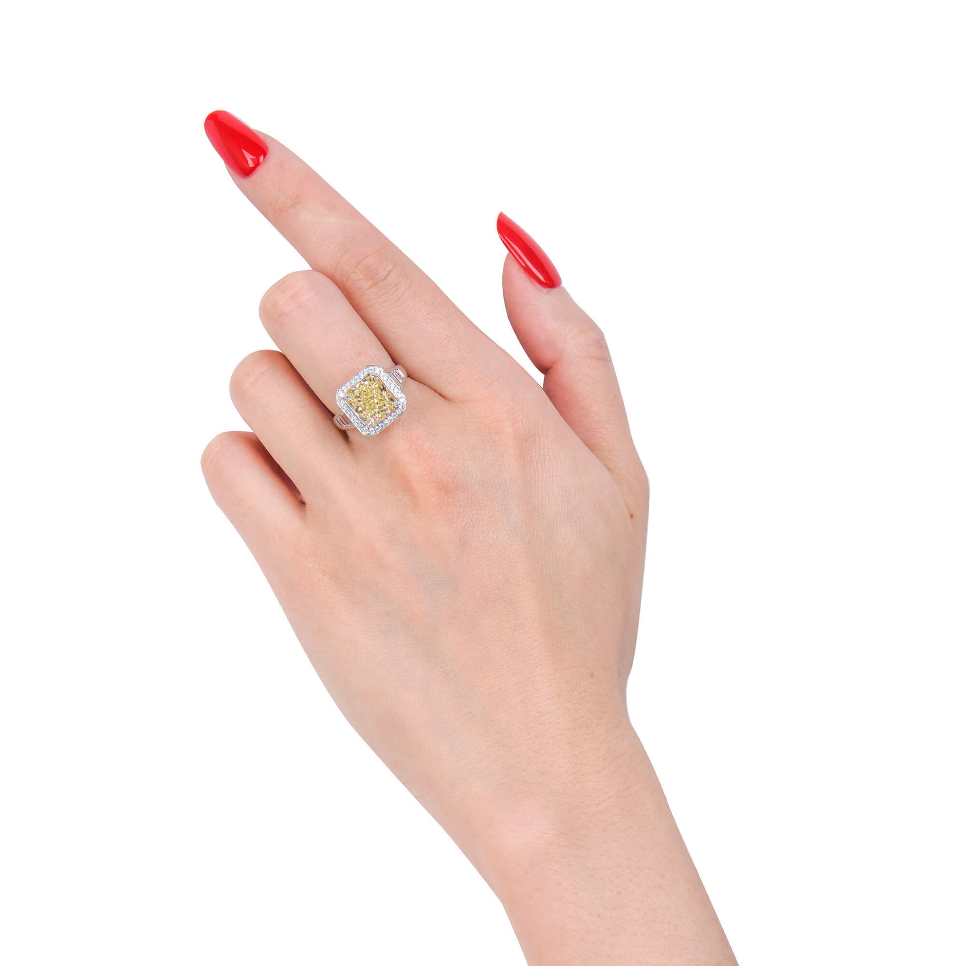 Natural Fancy Light Yellow Diamond Halo Ring, 18K White Gold, Radiant Shape, 6.47 Ct. TW