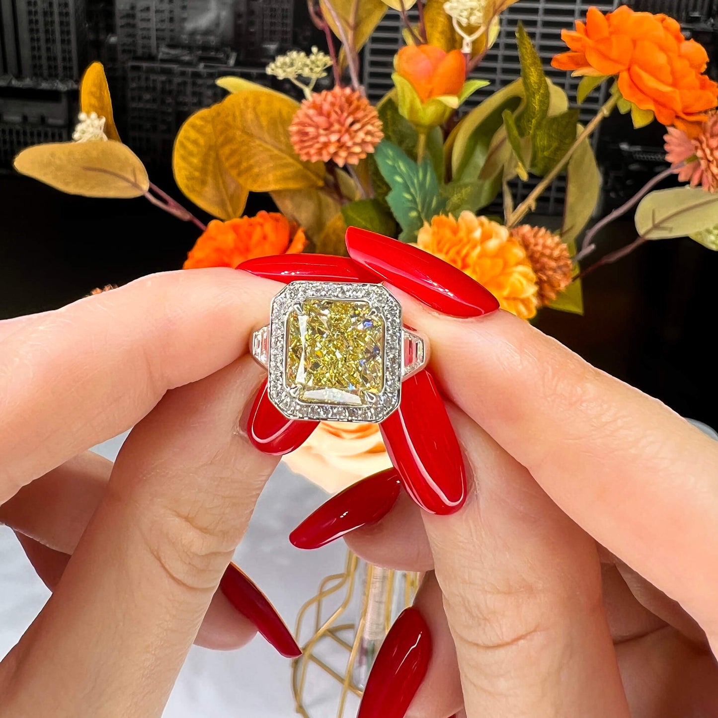 Natural Fancy Light Yellow Diamond Halo Ring, 18K White Gold, Radiant Shape, 6.47 Ct. TW