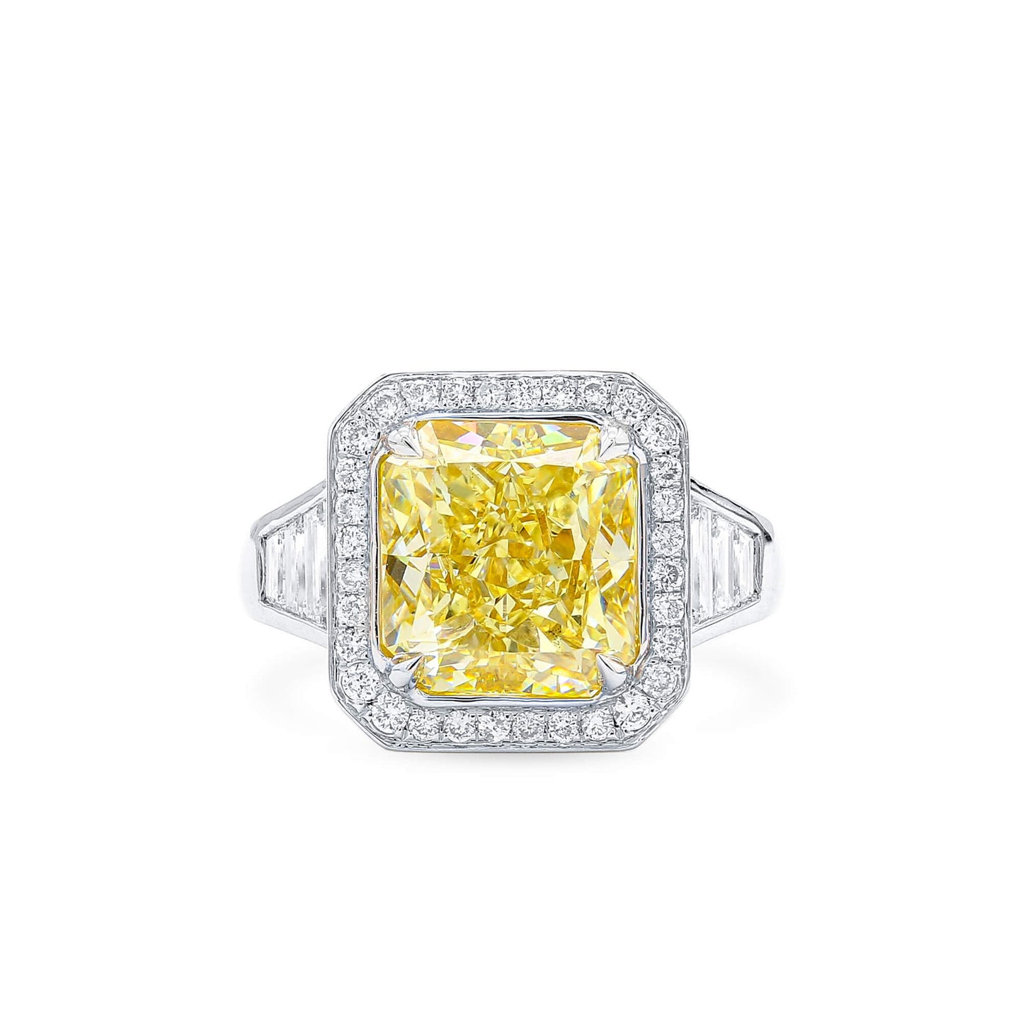 Natural Fancy Light Yellow Diamond Halo Ring, 18K White Gold, Radiant Shape, 6.47 Ct. TW