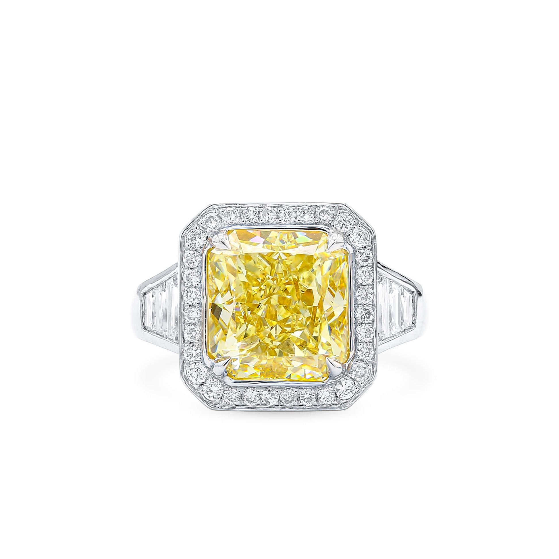 Natural Fancy Light Yellow Diamond Halo Ring, 18K White Gold, Radiant Shape, 6.47 Ct. TW