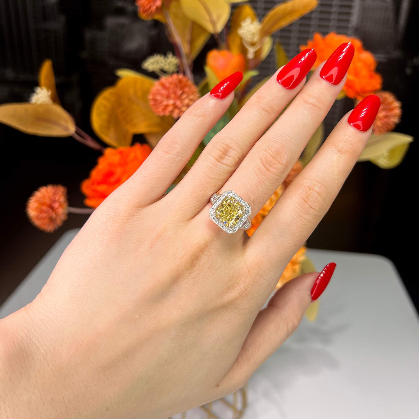 Natural Fancy Light Yellow Diamond Halo Ring, 18K White Gold, Radiant Shape, 6.47 Ct. TW