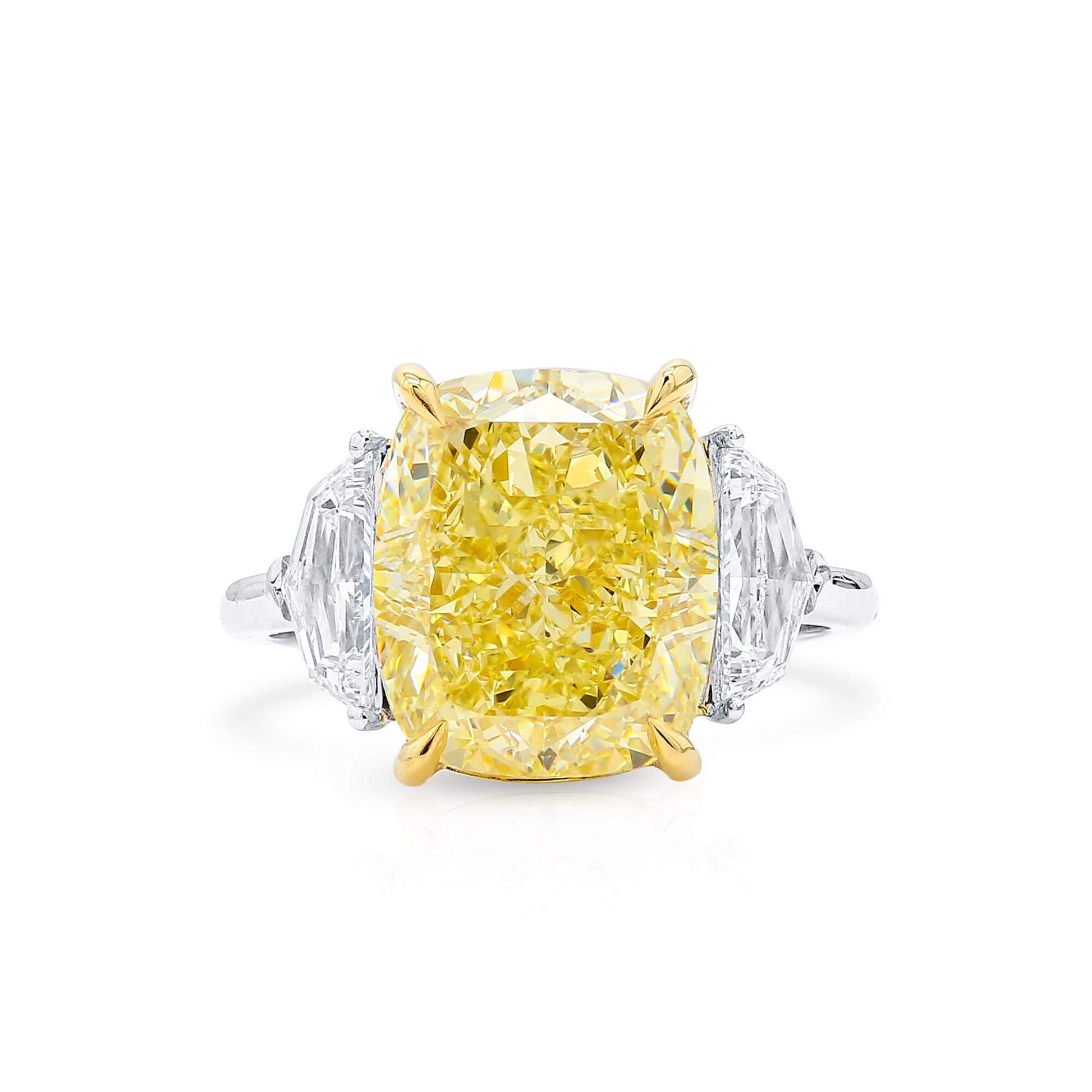 Natural 8.04 Ct. Fancy Light Yellow Cushion-Cut Diamond Three Stone Ring, 18K White & Yellow Gold