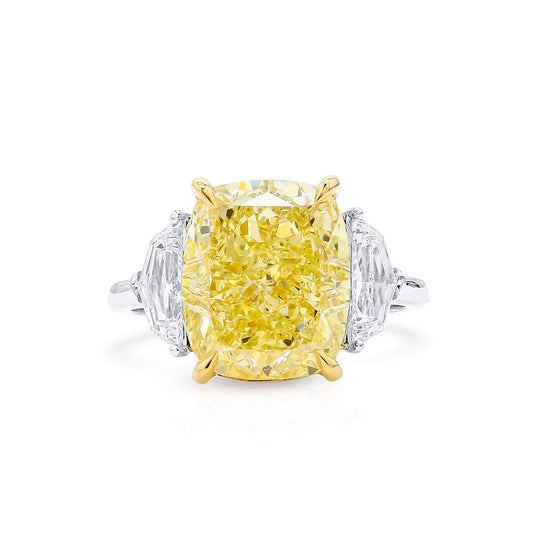 Natural Fancy Light Yellow Diamond Three Stone Ring, 18K White & Yellow Gold, Cushion Shape, 9.09 Ct. TW