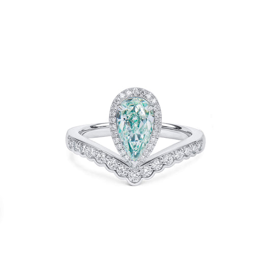 Natural Fancy Light Yellowish Green Diamond Halo Ring, 18K White Gold, Pear Shape, 1.51 Ct. TW