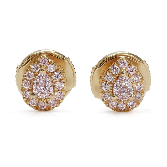 Natural Fancy Pink Diamond Stud Earrings, 18K Yellow Gold, Pear Shape, 0.31 Ct. TW
