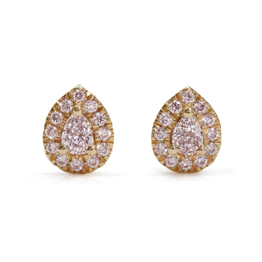 Natural Fancy Pink Diamond Stud Earrings, 18K Yellow Gold, Pear Shape, 0.31 Ct. TW