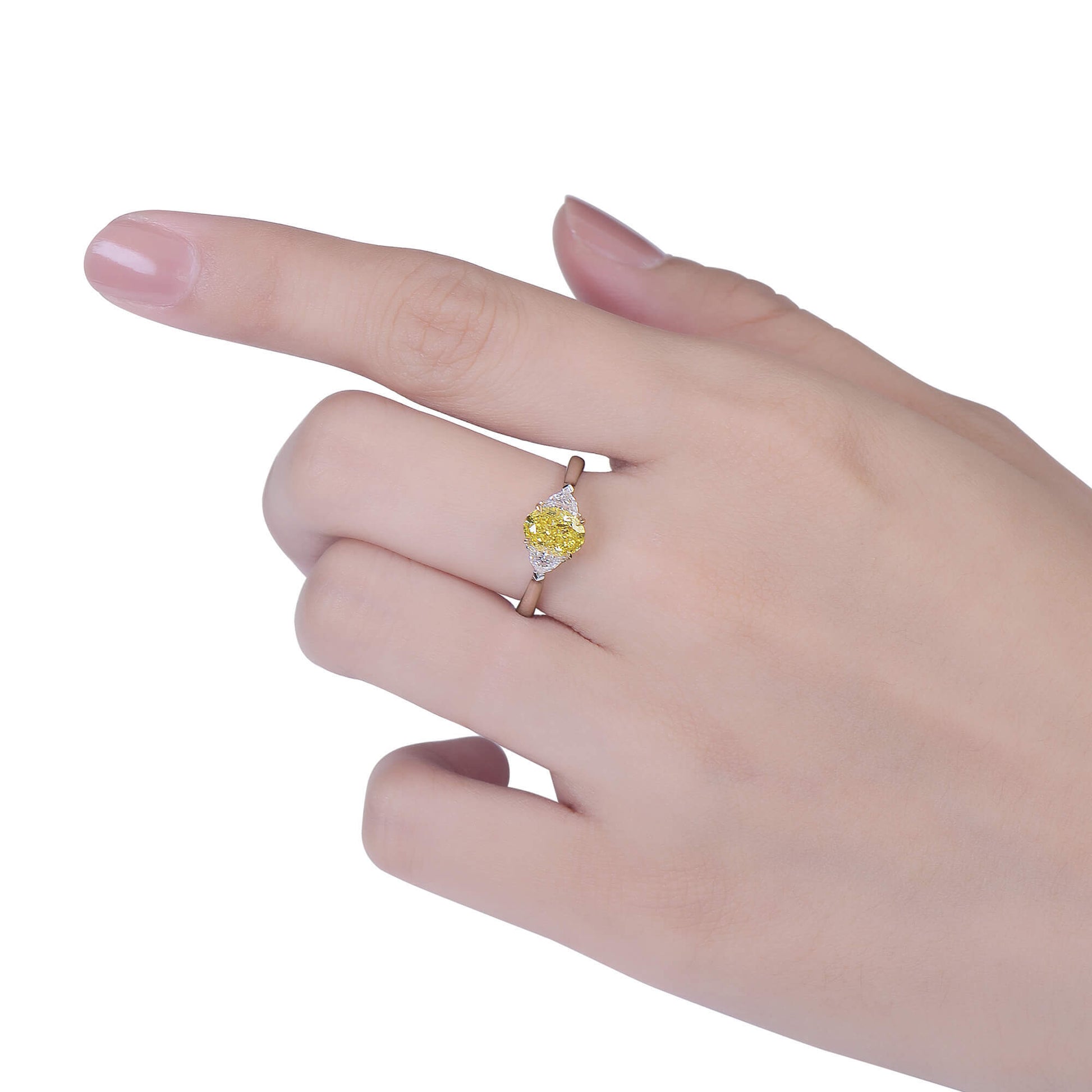 Natural Fancy Vivid Yellow Diamond Three Stone Ring, 18K White & Yellow Gold, Oval Shape, 1.60 Ct. TW