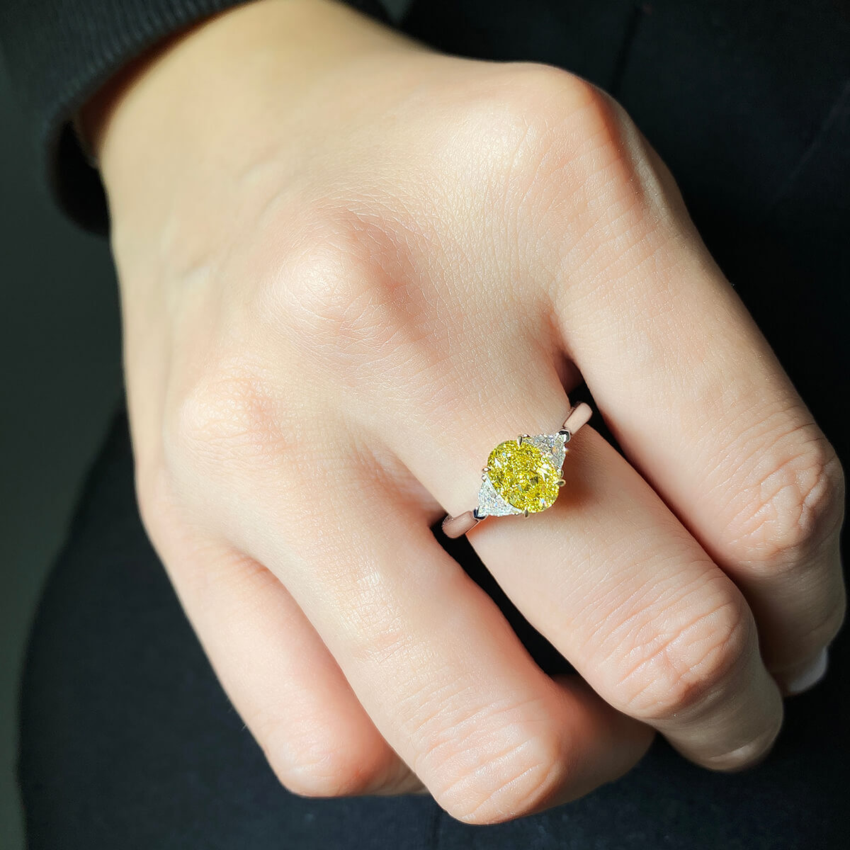 Natural Fancy Vivid Yellow Diamond Three Stone Ring, 18K White & Yellow Gold, Oval Shape, 1.60 Ct. TW