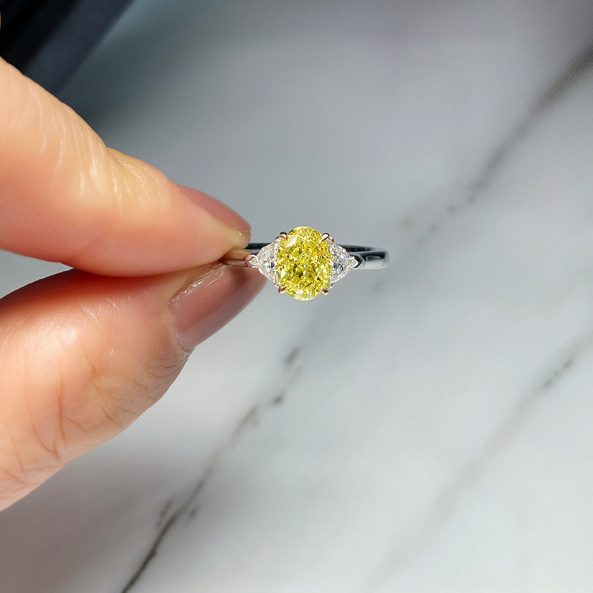 Natural Fancy Vivid Yellow Diamond Three Stone Ring, 18K White & Yellow Gold, Oval Shape, 1.60 Ct. TW