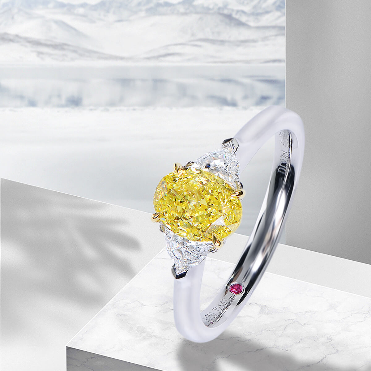 Natural Fancy Vivid Yellow Diamond Three Stone Ring, 18K White & Yellow Gold, Oval Shape, 1.60 Ct. TW