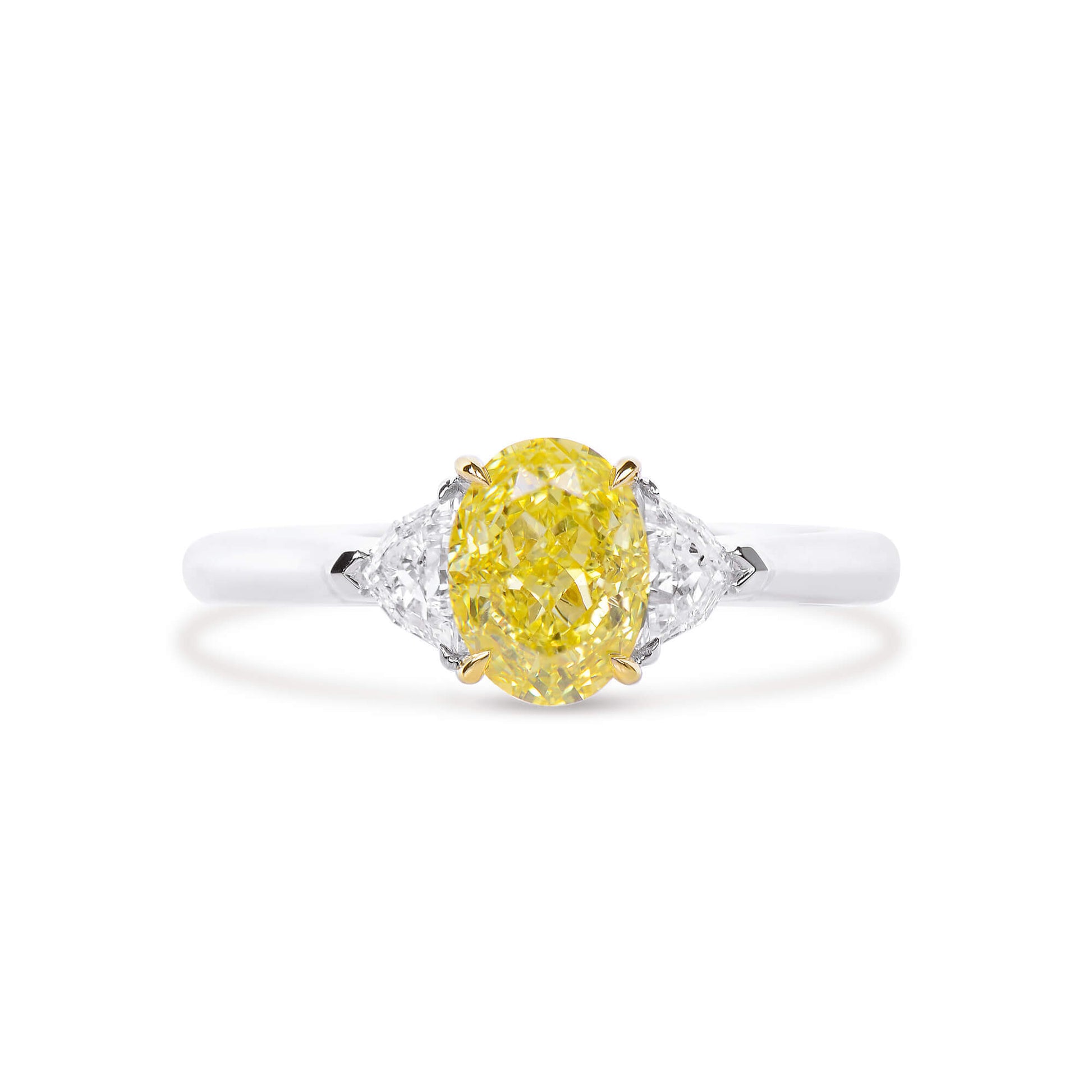 Natural Fancy Vivid Yellow Diamond Three Stone Ring, 18K White & Yellow Gold, Oval Shape, 1.60 Ct. TW