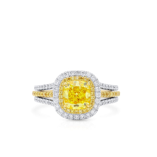 Natural Fancy Vivid Yellow Diamond Halo Ring, 18K White & Yellow Gold, Cushion Shape, 2.08 Ct. TW