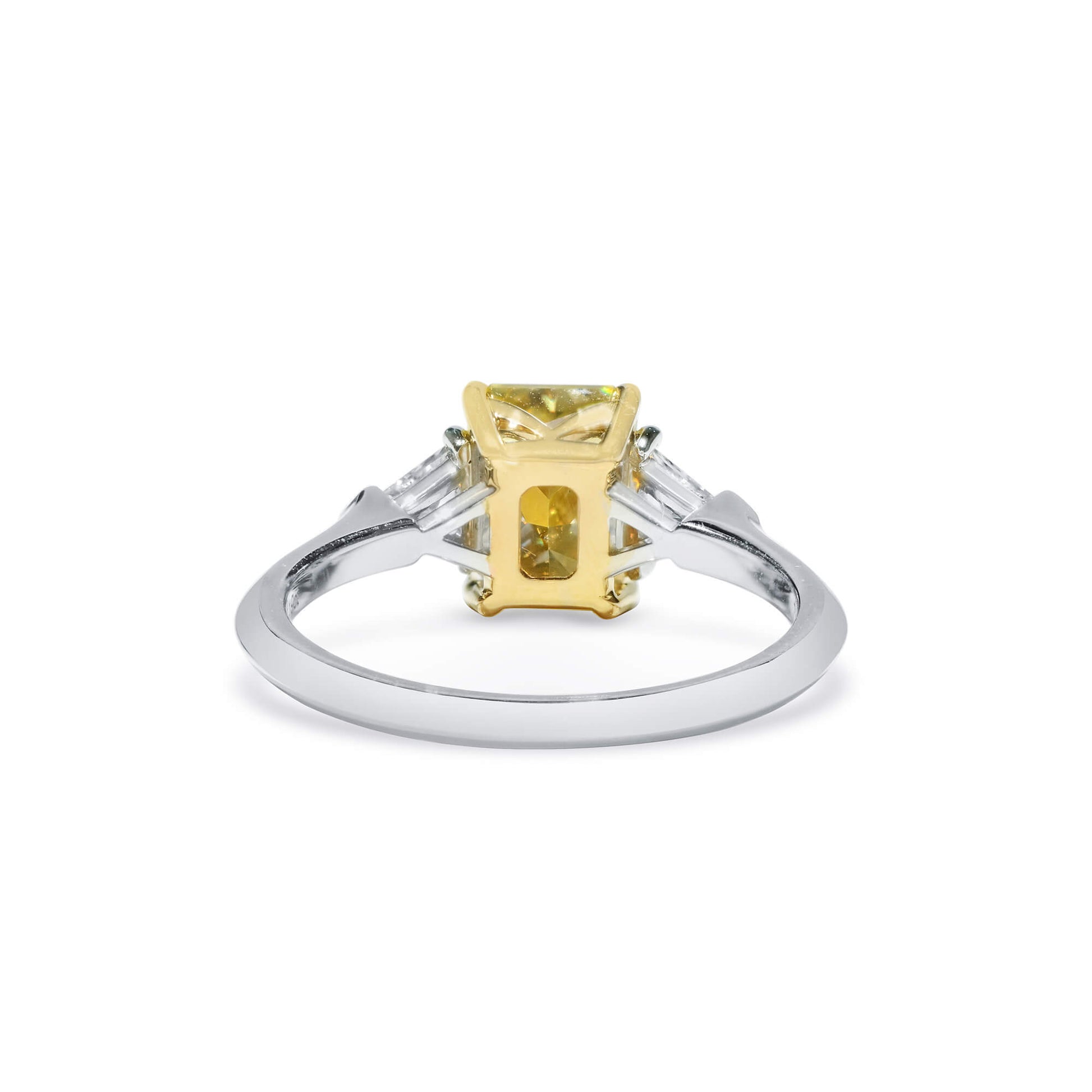 Natural Fancy Vivid Yellow Diamond Three Stone Ring, 18K White Gold, Radiant Shape, 2.20 Ct. TW