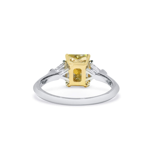 Natural Fancy Vivid Yellow Diamond Three Stone Ring, 18K White Gold, Radiant Shape, 2.20 Ct. TW
