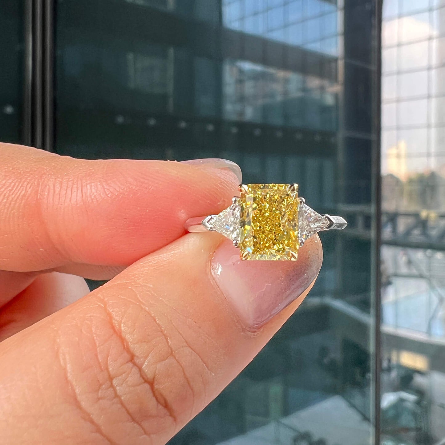 Natural Fancy Vivid Yellow Diamond Three Stone Ring, 18K White Gold, Radiant Shape, 2.20 Ct. TW