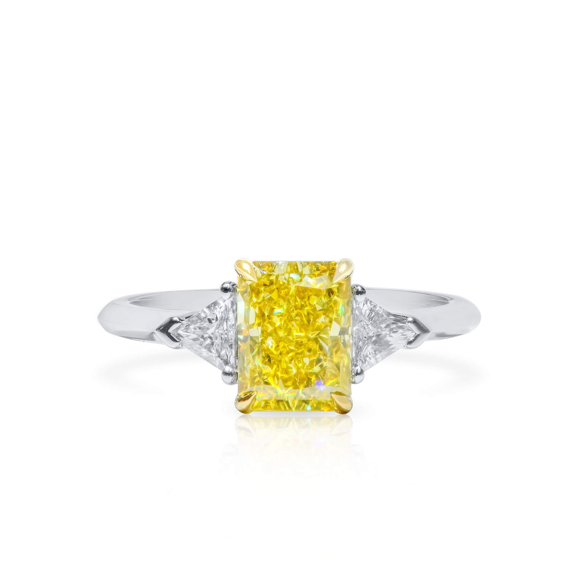 Natural Fancy Vivid Yellow Diamond Three Stone Ring, 18K White Gold, Radiant Shape, 2.20 Ct. TW