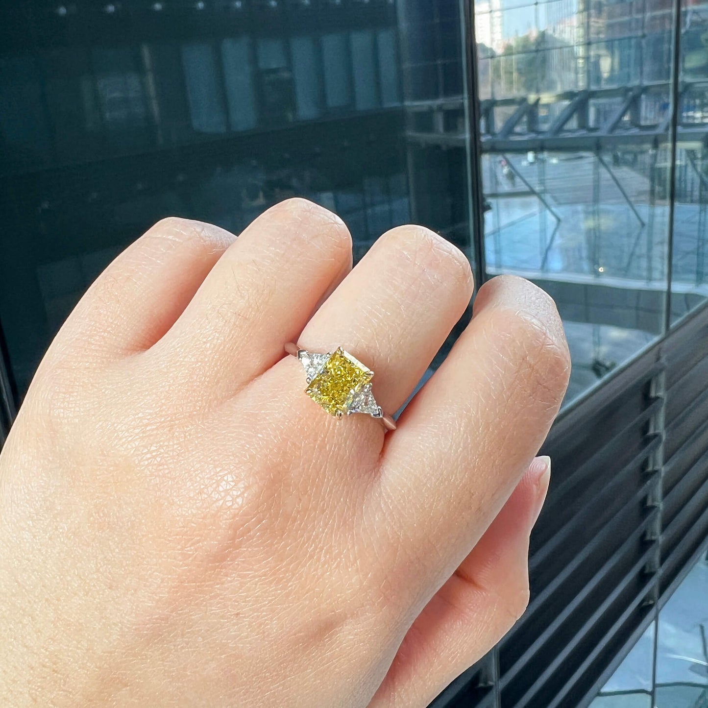 Natural Fancy Vivid Yellow Diamond Three Stone Ring, 18K White Gold, Radiant Shape, 2.20 Ct. TW