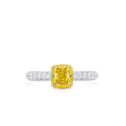 Natural Fancy Vivid Yellow Diamond Solitaire Ring, 18K White & Yellow Gold, Cushion Shape, 2.37 Ct. TW