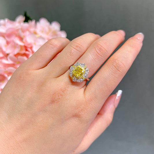 Fancy Vivid Yellow Diamond Ring, 3.31 Ct. TW, Cushion shape, GIA Certified