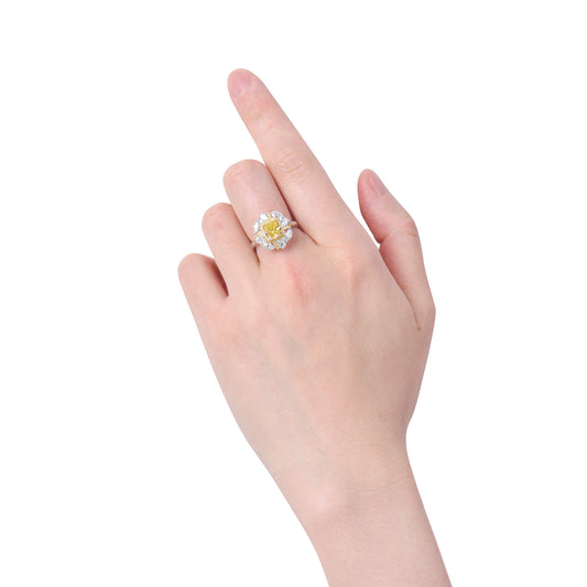 Natural Fancy Vivid Yellow Diamond Halo Ring, 18K White & Yellow Gold, Cushion Shape, 3.31 Ct. TW