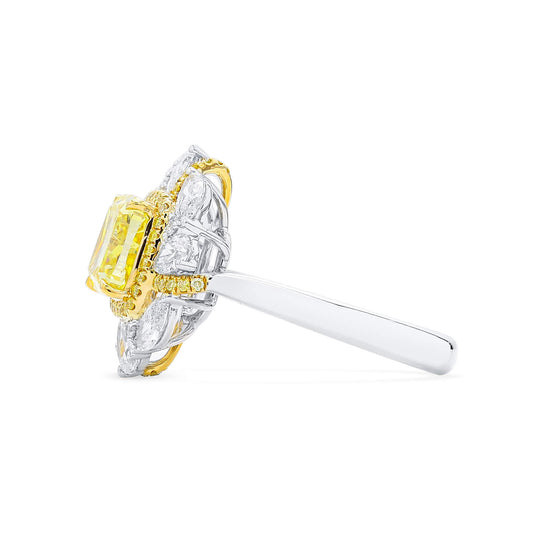 Natural Fancy Vivid Yellow Diamond Halo Ring, 18K White & Yellow Gold, Cushion Shape, 3.31 Ct. TW