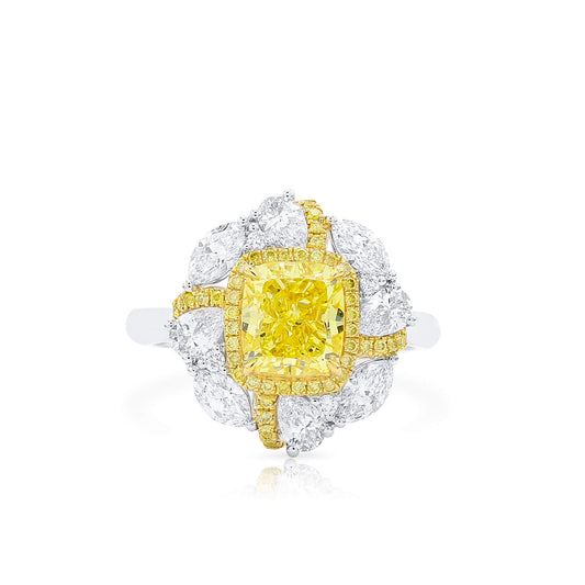Natural Fancy Vivid Yellow Diamond Halo Ring, 18K White & Yellow Gold, Cushion Shape, 3.31 Ct. TW