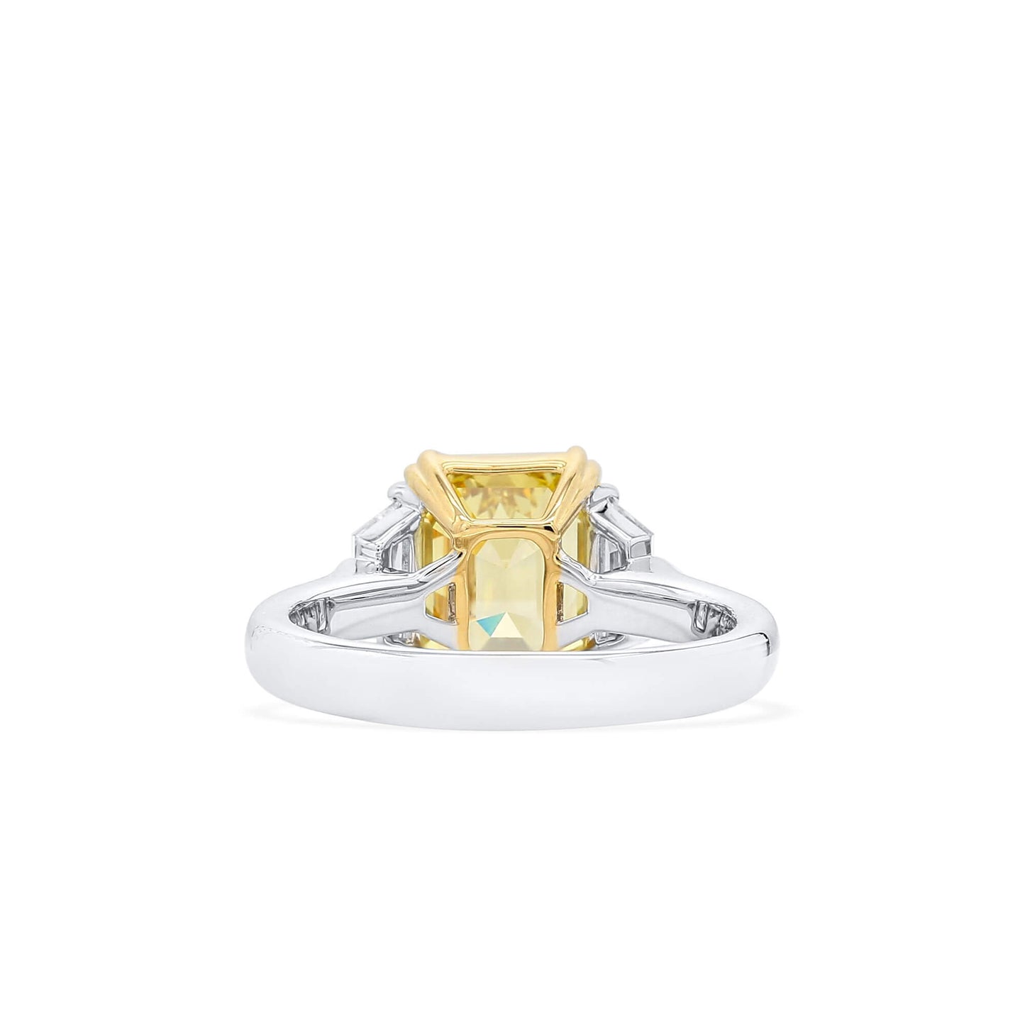 Natural Fancy Vivid Yellow Diamond Three Stone Ring, 18K White & Yellow Gold, Radiant Shape, 3.46 Ct. TW