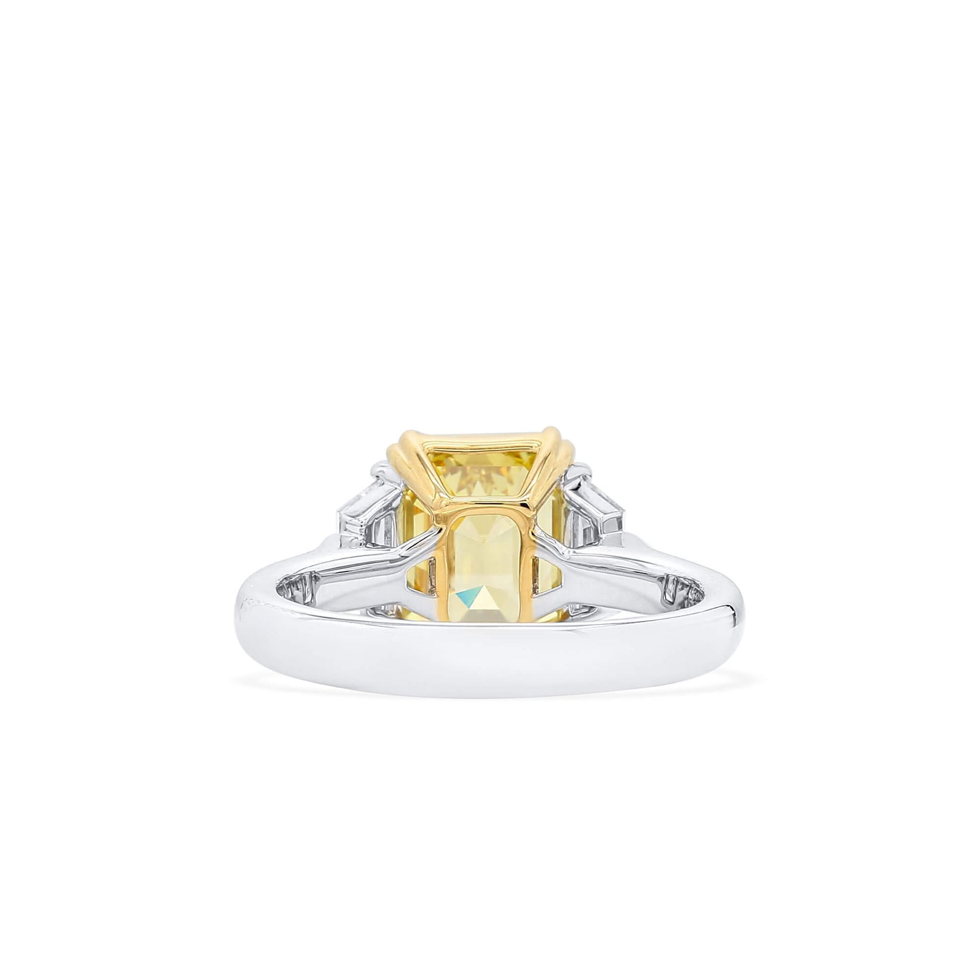 Natural Fancy Vivid Yellow Diamond Three Stone Ring, 18K White & Yellow Gold, Radiant Shape, 3.46 Ct. TW