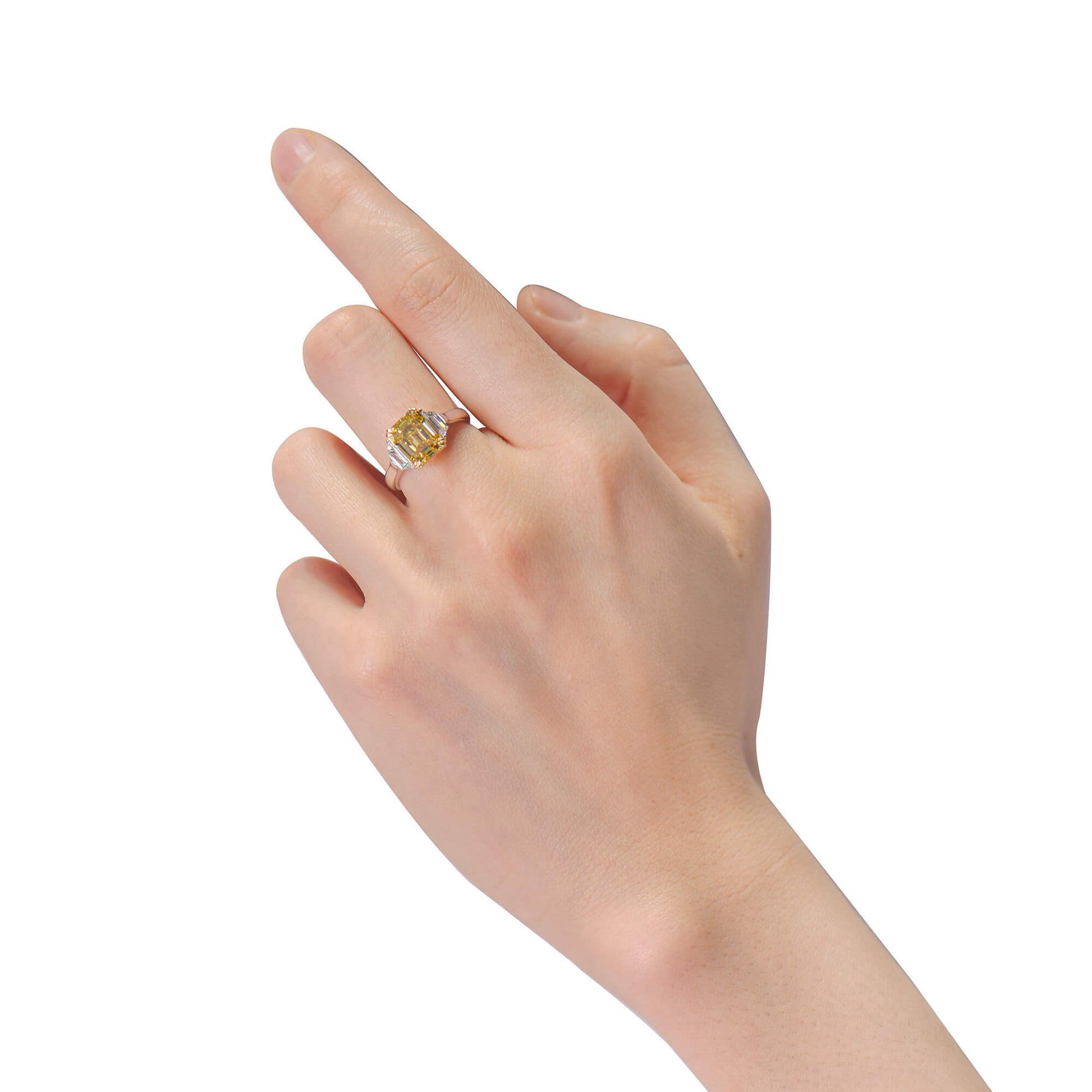 Natural Fancy Vivid Yellow Diamond Three Stone Ring, 18K White & Yellow Gold, Radiant Shape, 3.46 Ct. TW