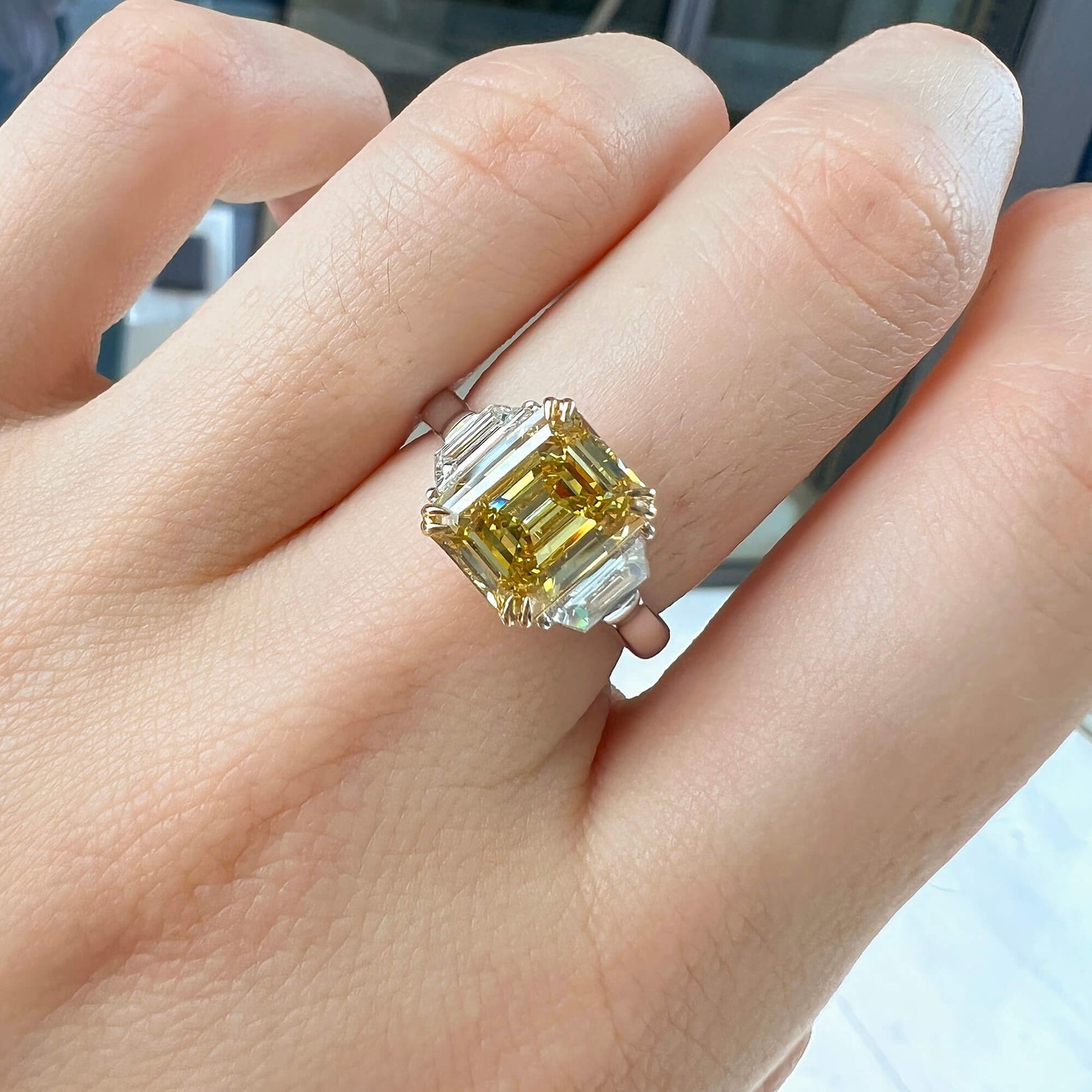 Natural Fancy Vivid Yellow Diamond Three Stone Ring, 18K White & Yellow Gold, Radiant Shape, 3.46 Ct. TW