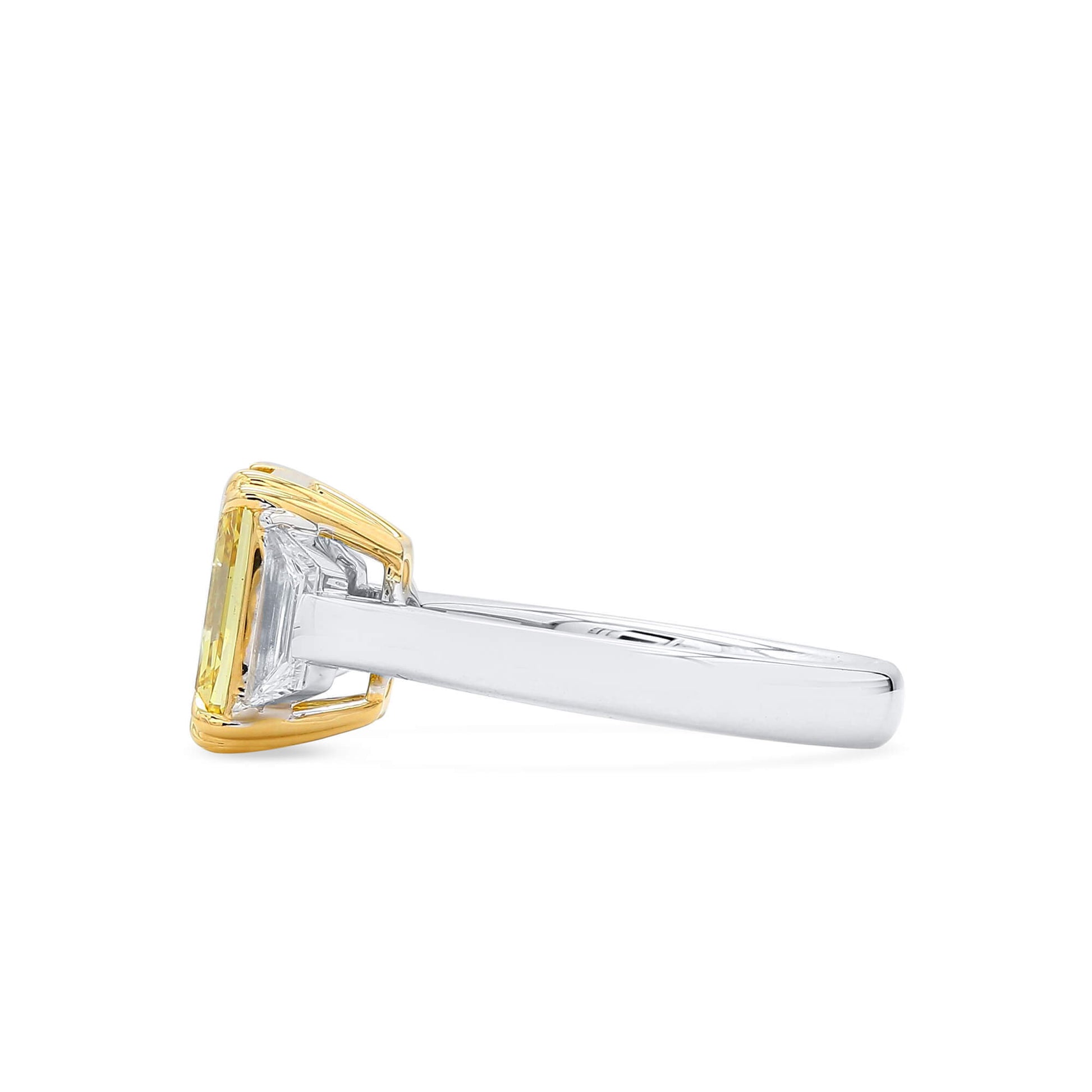 Natural Fancy Vivid Yellow Diamond Three Stone Ring, 18K White & Yellow Gold, Radiant Shape, 3.46 Ct. TW