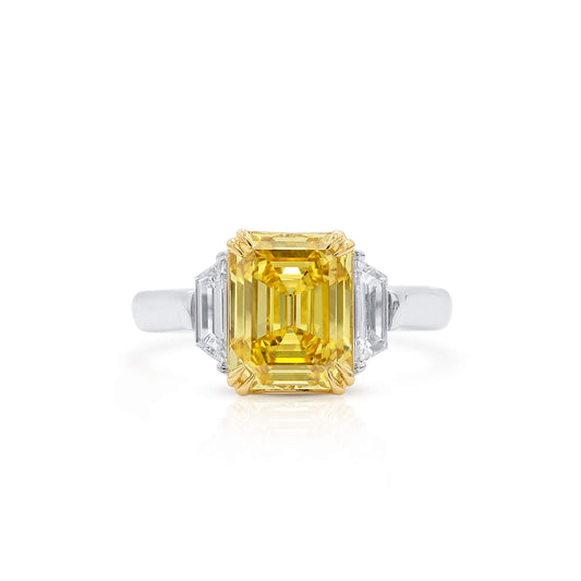 Natural Fancy Vivid Yellow Diamond Three Stone Ring, 18K White & Yellow Gold, Radiant Shape, 3.46 Ct. TW