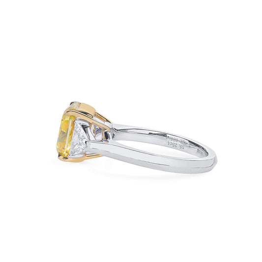 Natural Fancy Vivid Yellow Diamond Three Stone Ring, 18K White Gold, Radiant Shape, 6.05 Ct. TW