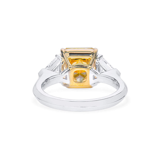 Natural Fancy Vivid Yellow Diamond Three Stone Ring, 18K White Gold, Radiant Shape, 6.05 Ct. TW