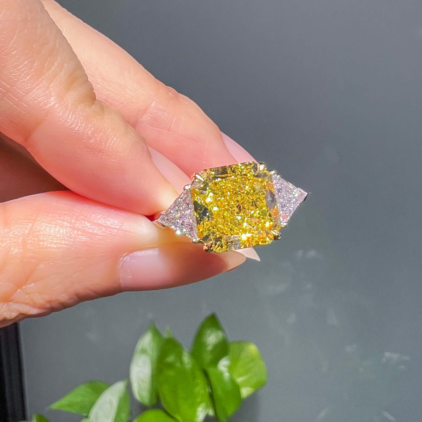 Natural Fancy Vivid Yellow Diamond Three Stone Ring, 18K White Gold, Radiant Shape, 6.05 Ct. TW