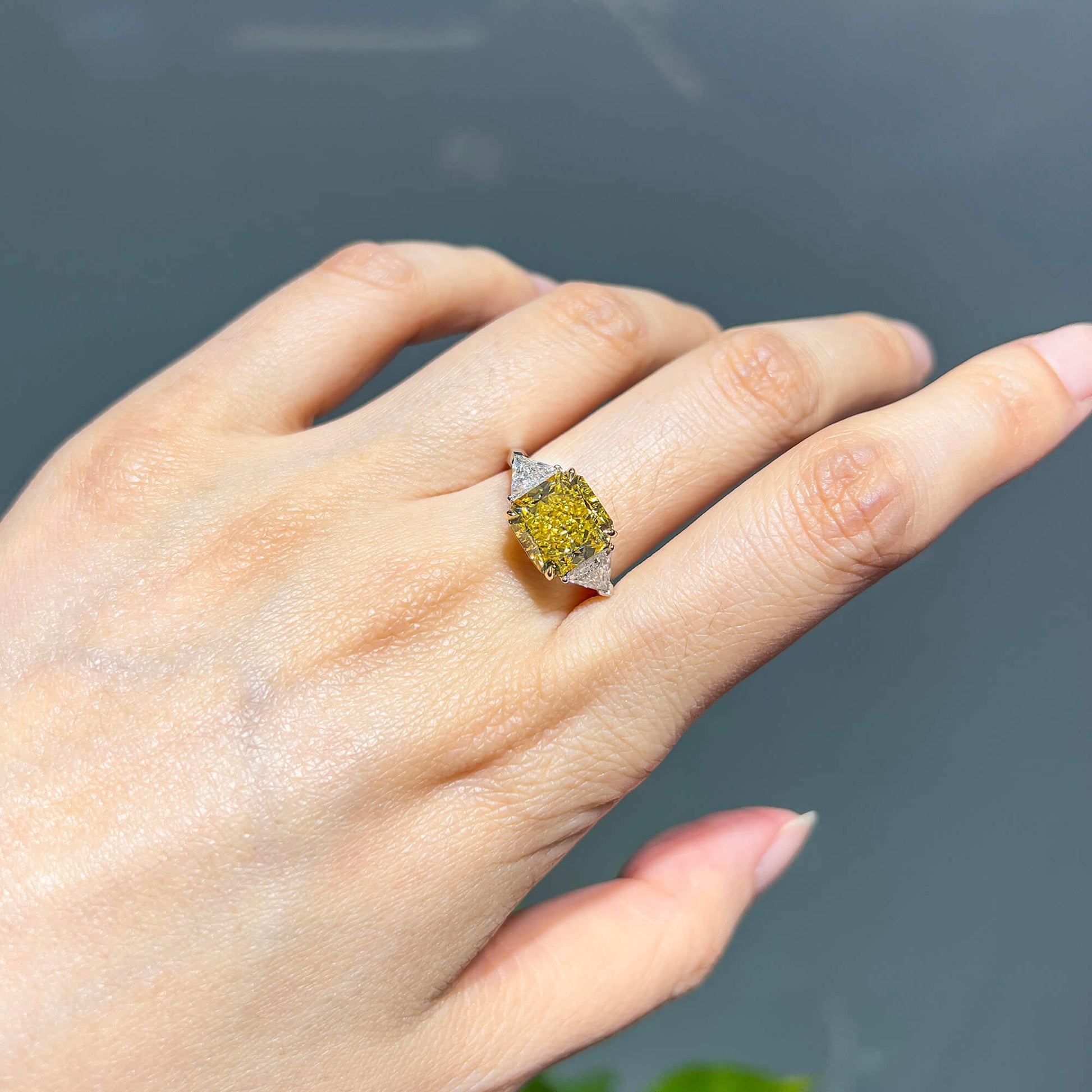 Natural Fancy Vivid Yellow Diamond Three Stone Ring, 18K White Gold, Radiant Shape, 6.05 Ct. TW