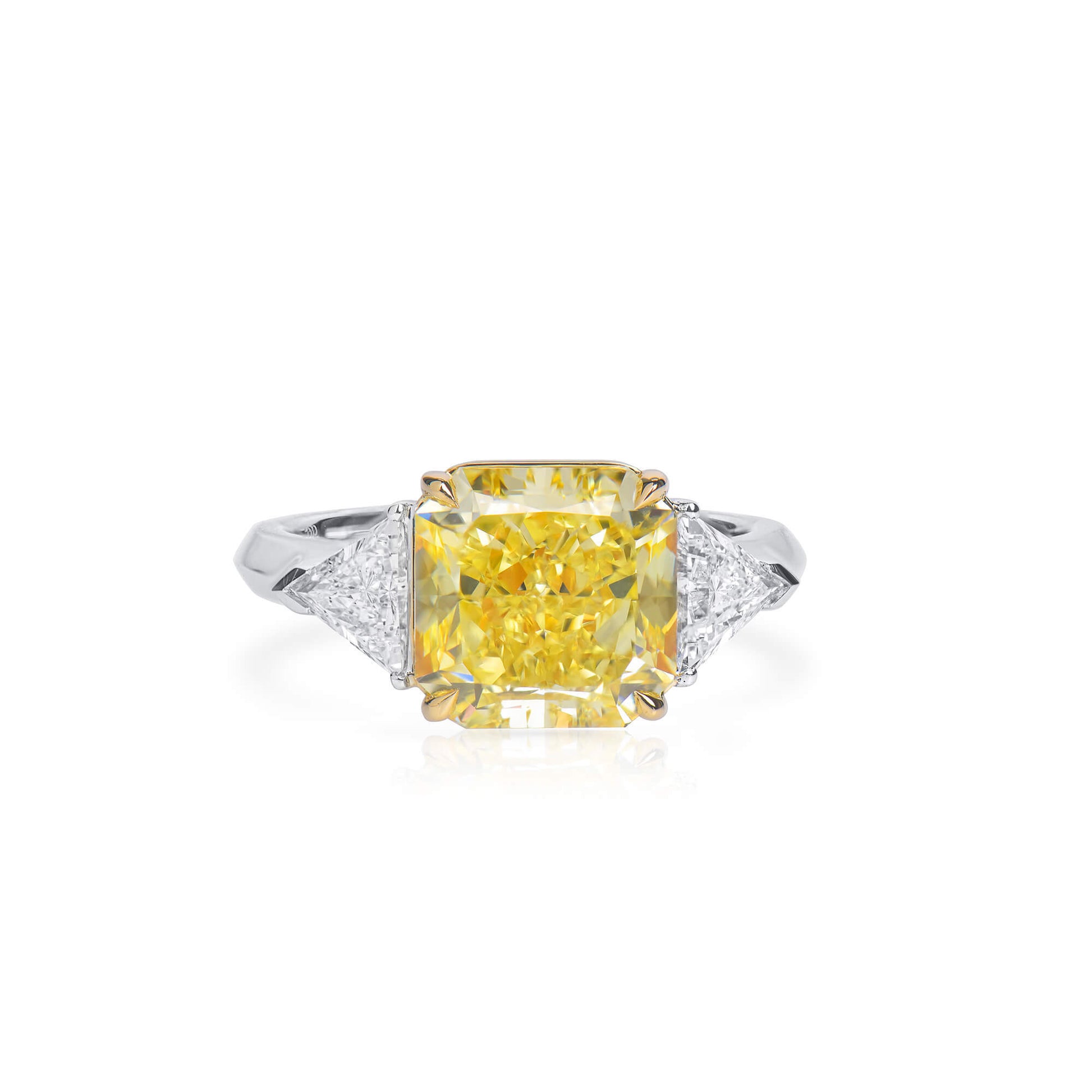 Natural Fancy Vivid Yellow Diamond Three Stone Ring, 18K White Gold, Radiant Shape, 6.05 Ct. TW