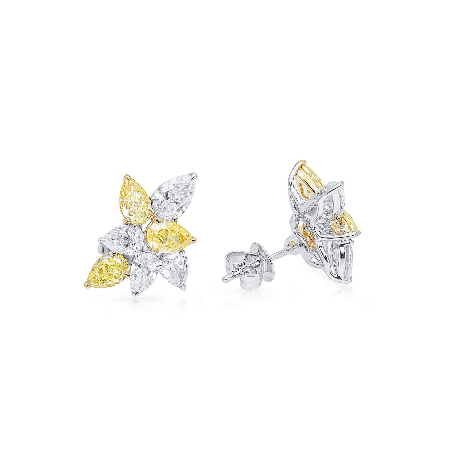 Natural Yellow & White Diamond Cluster Earrings, 18K White Gold, 4.0 Ct. TW, Pear shape