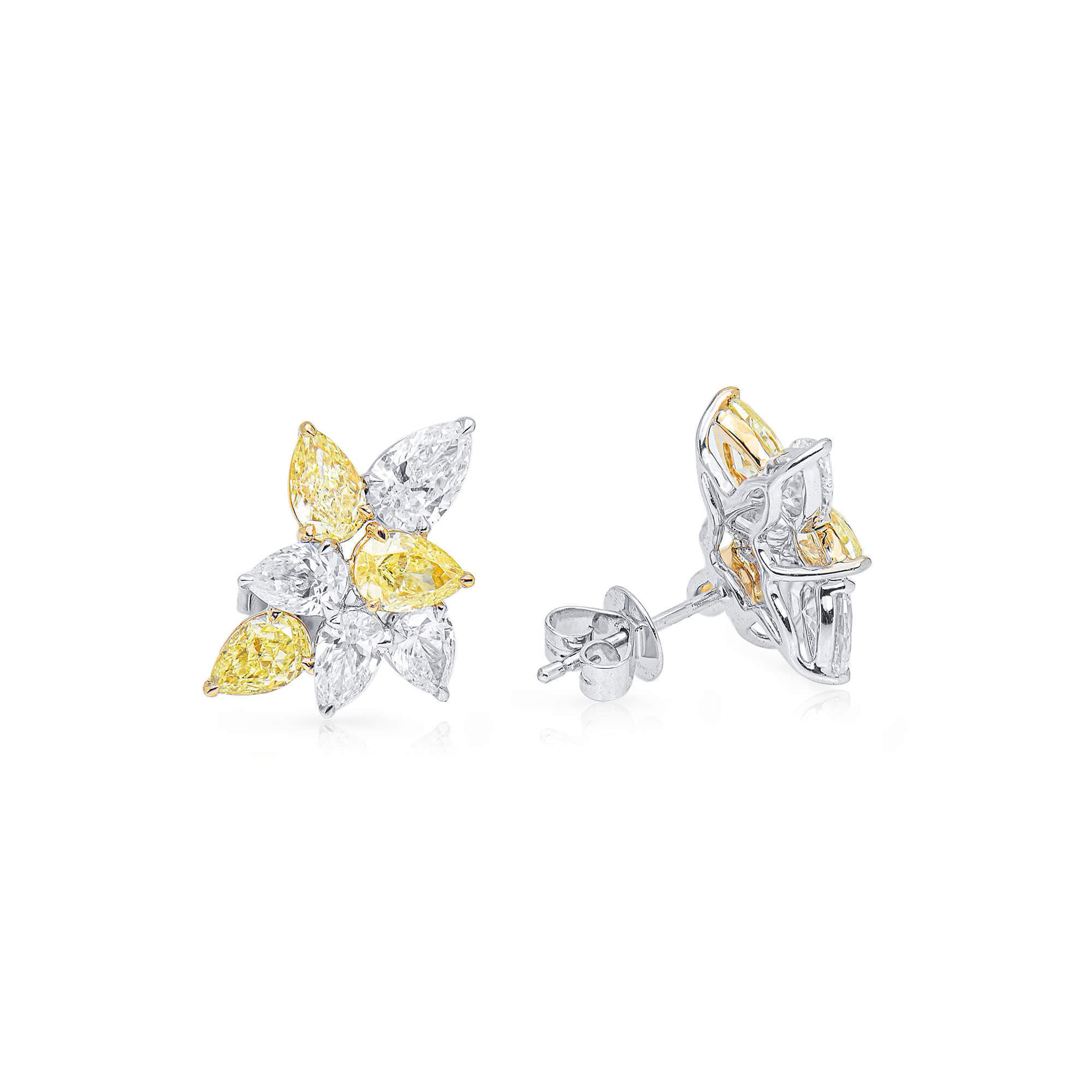 Natural Yellow & White Diamond Cluster Earrings, 18K White Gold, 4.0 Ct. TW, Pear shape