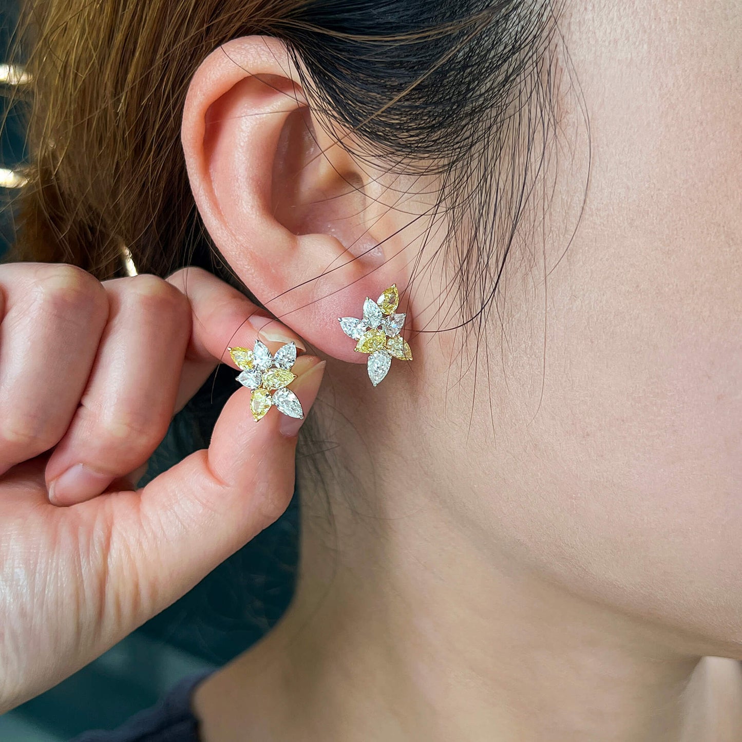 Natural Yellow & White Diamond Cluster Earrings, 18K White Gold, 4.0 Ct. TW, Pear shape