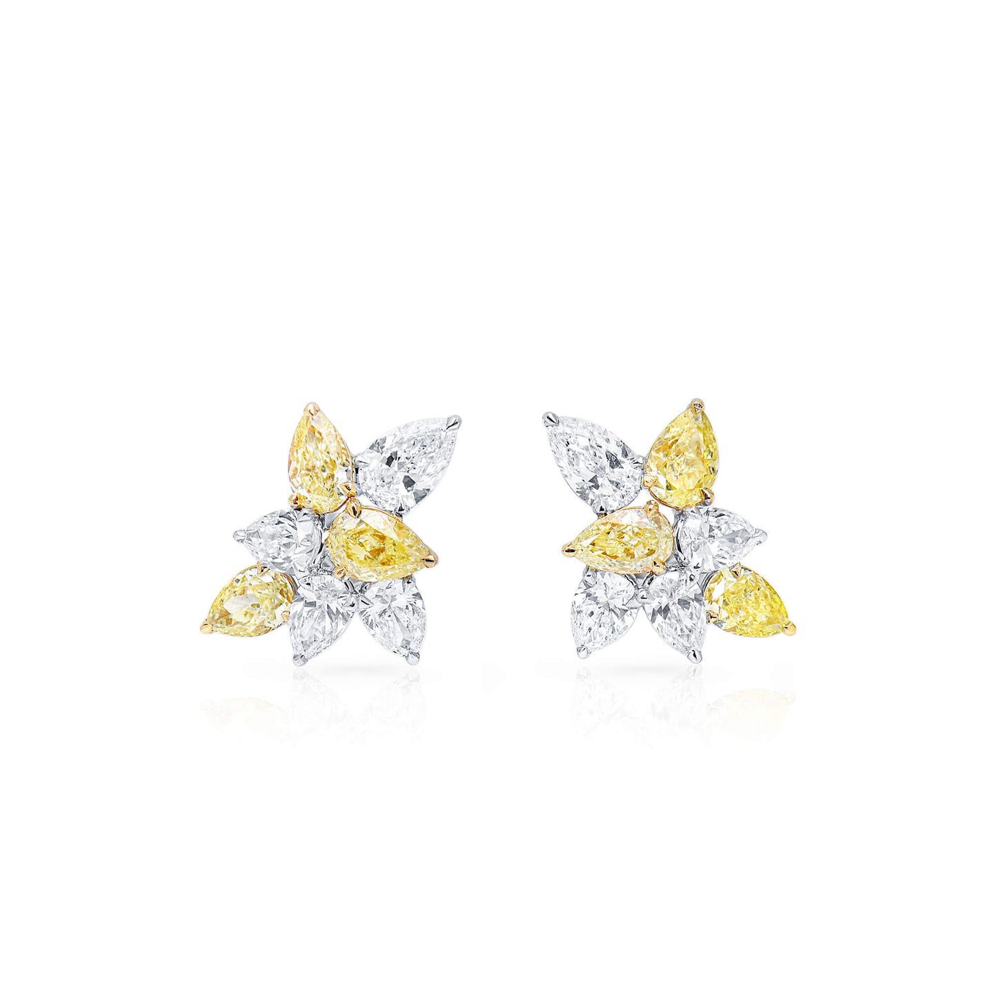 Natural Yellow & White Diamond Cluster Earrings, 18K White Gold, 4.0 Ct. TW, Pear shape