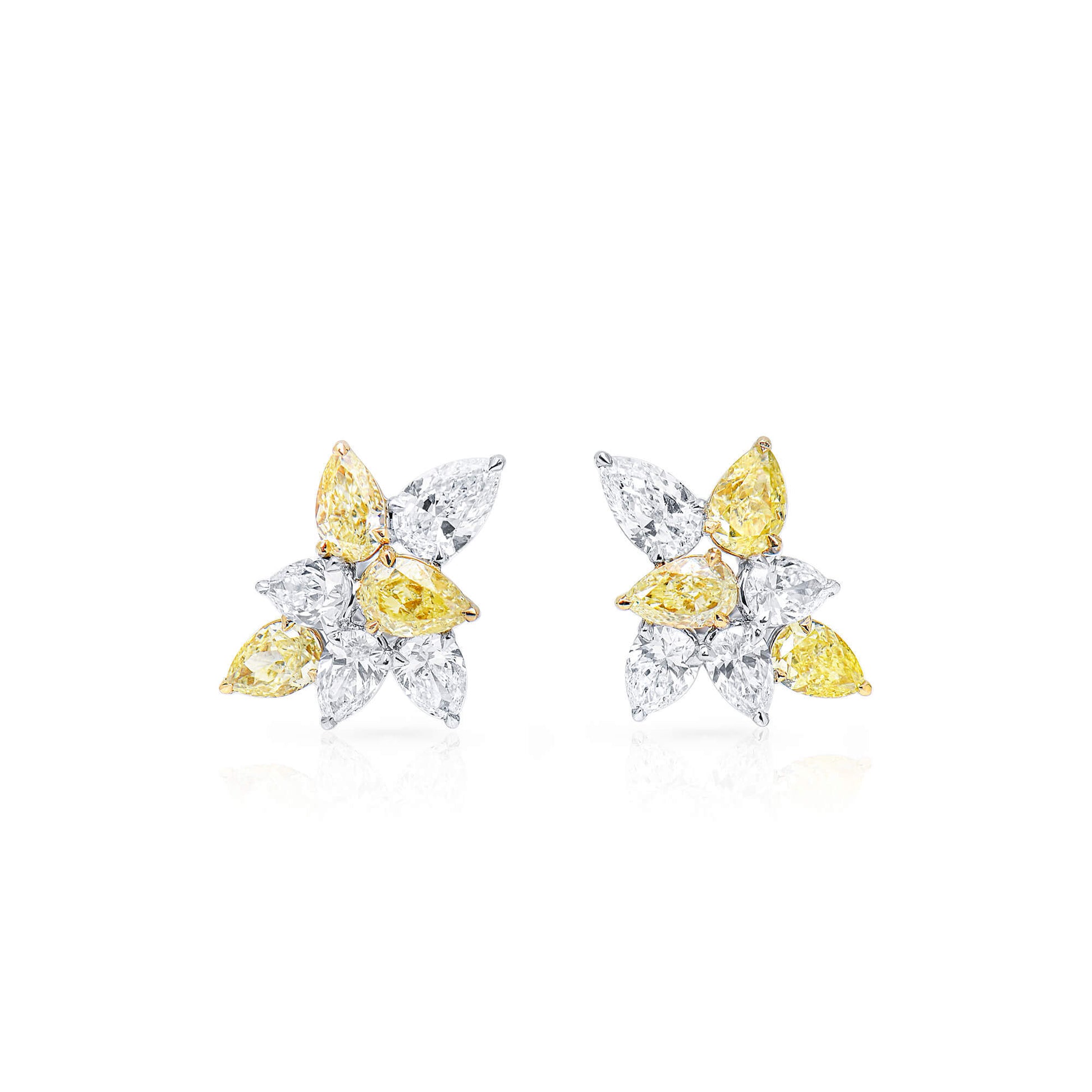 Natural Yellow & White Diamond Cluster Earrings, 18K White Gold, 4.0 Ct. TW, Pear shape