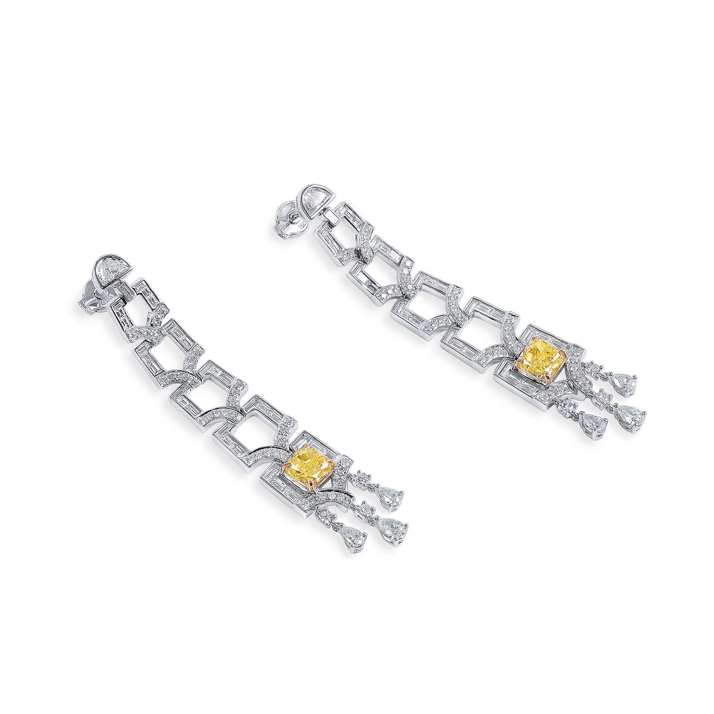 Natural Fancy Yellow Diamond Drop Earrings, 18K White Gold, Cushion Shape, 7.86 Ct. TW
