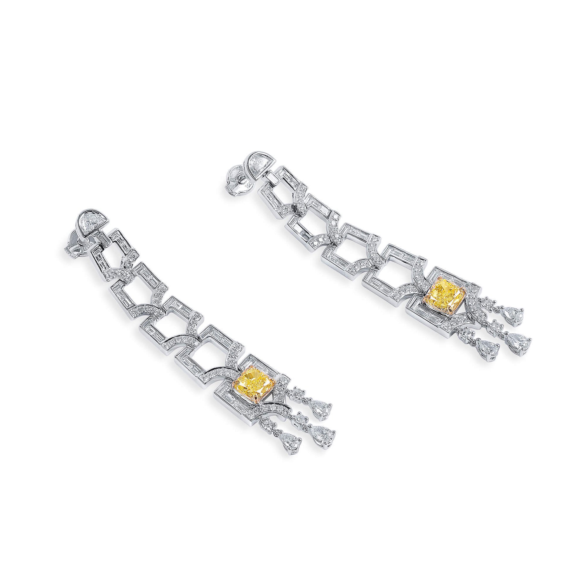 Natural Fancy Yellow Diamond Drop Earrings, 18K White Gold, Cushion Shape, 7.86 Ct. TW
