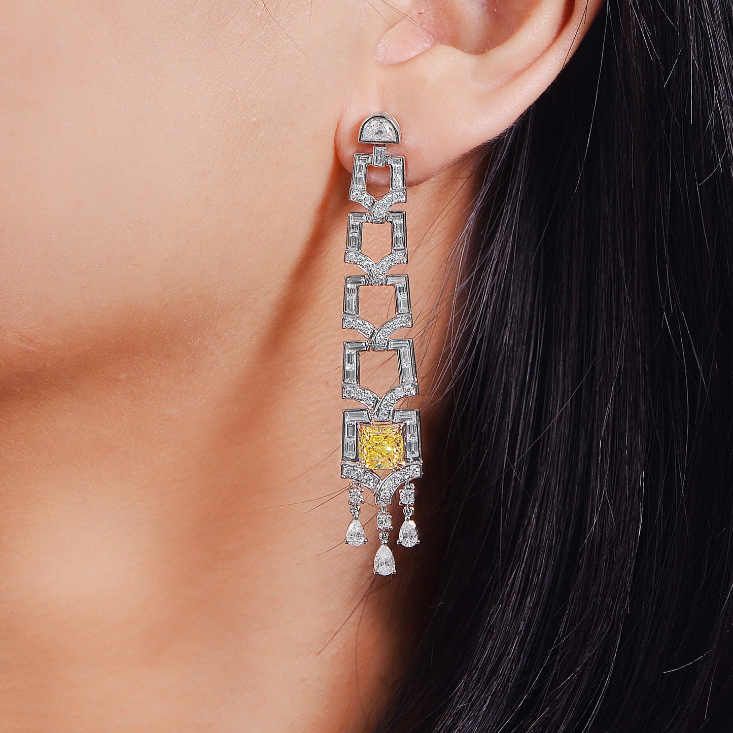 Natural Fancy Yellow Diamond Drop Earrings, 18K White Gold, Cushion Shape, 7.86 Ct. TW