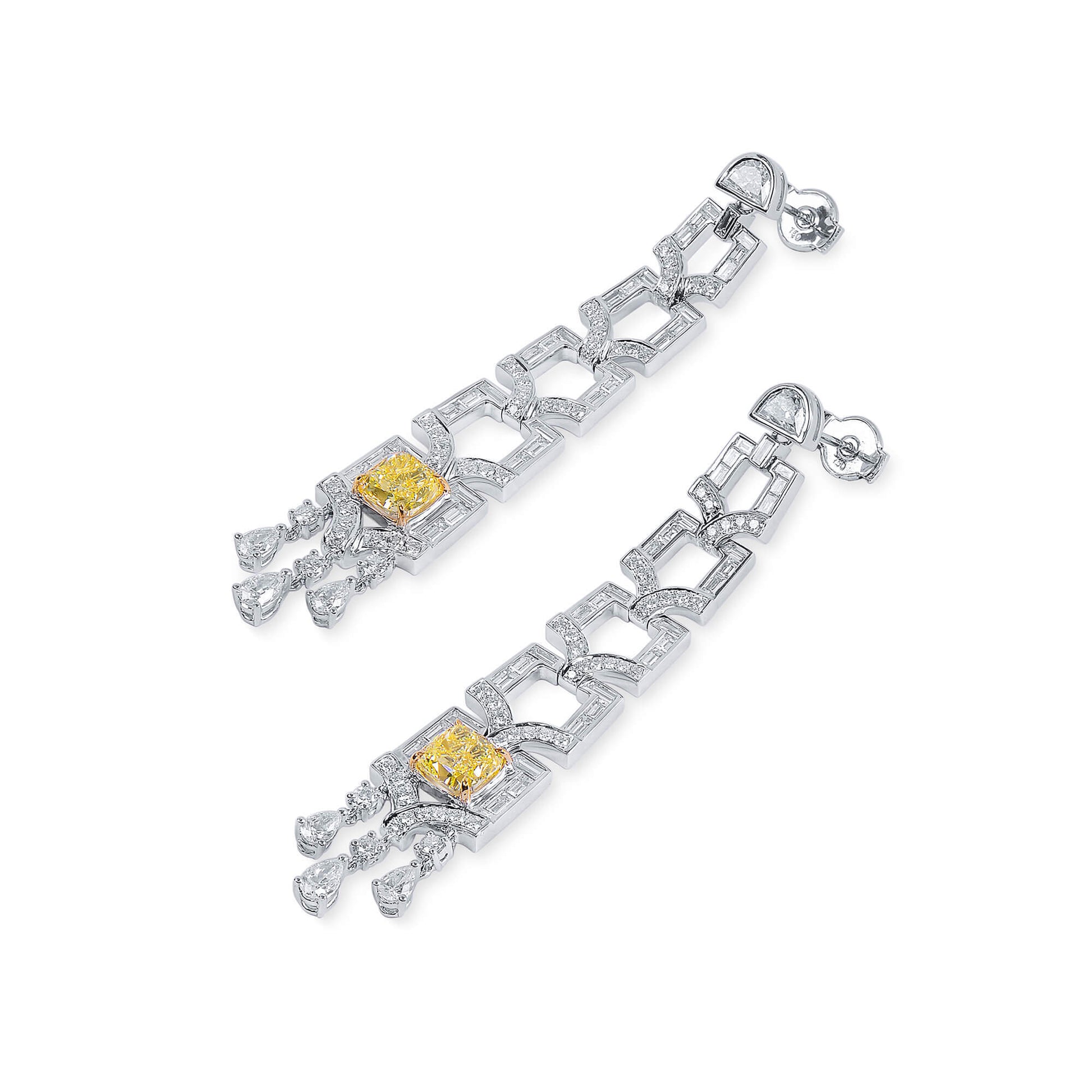Natural Fancy Yellow Diamond Drop Earrings, 18K White Gold, Cushion Shape, 7.86 Ct. TW