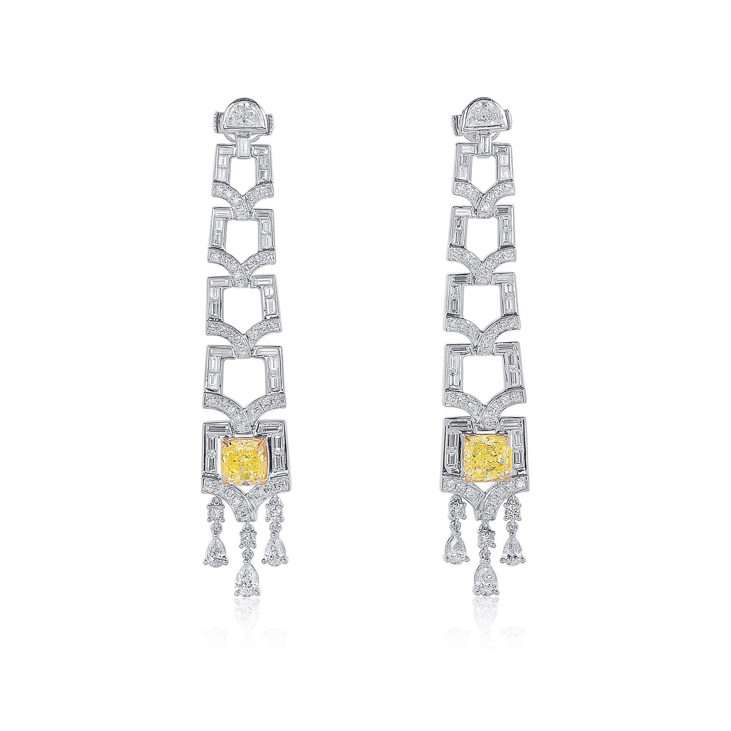 Natural Fancy Yellow Diamond Drop Earrings, 18K White Gold, Cushion Shape, 7.86 Ct. TW